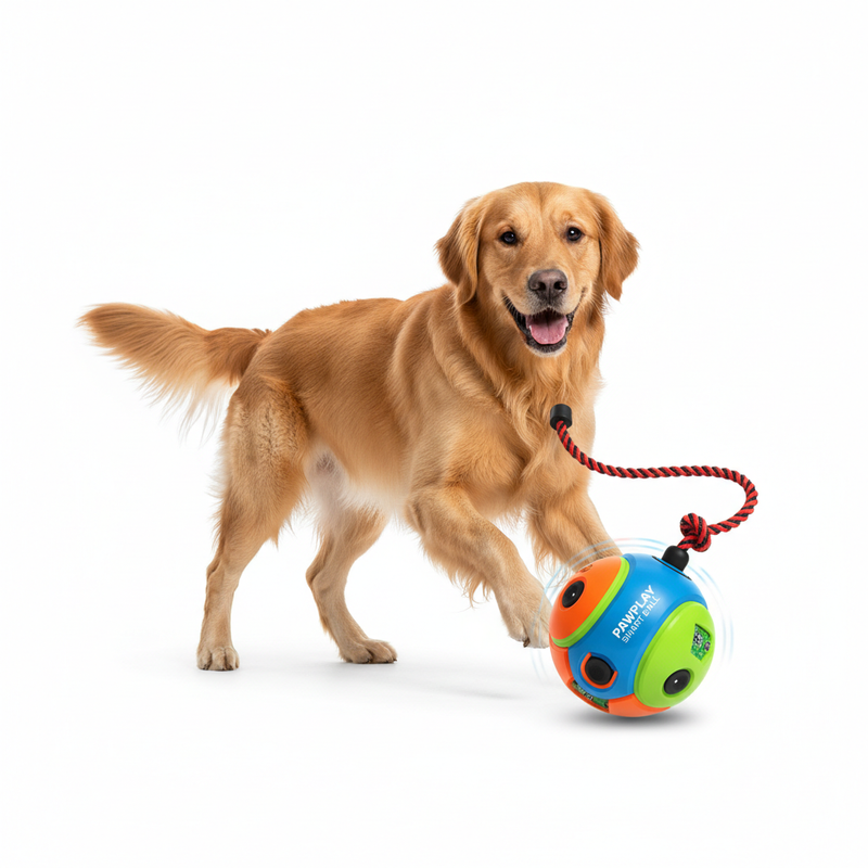 A high-resolution, photorealistic product image of an Smart Self-Running Rope Dog Ball with Auto-Sensing Rolling, Realistic Animal Sounds & Tangle-Proof Safety Rope. The cat is actively engaging with the toy, natural movement and expressions. Clean white background for Shopify product listing. Soft studio lighting with balanced highlights and gentle shadows. Sharp focus, realistic fur texture, accurate colors, premium pet brand photography style. Modern, professional, genuine look suitable for an online pet