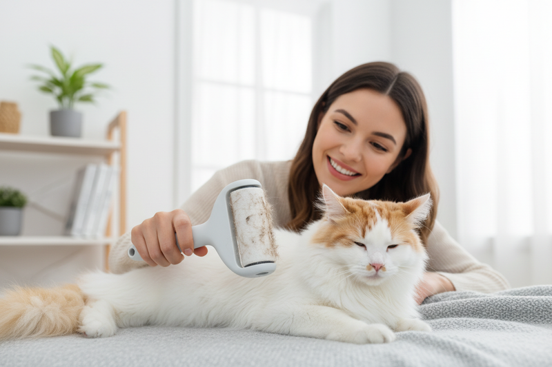 “High-resolution, attractive pixel-perfect image of a woman using a pet hair remover roller on a fluffy cat, live action scene, bright and clean home setting, smiling woman, clear and vivid details, focus on roller and cat, realistic lighting, modern and appealing style, perfect for Shopify product display.”
