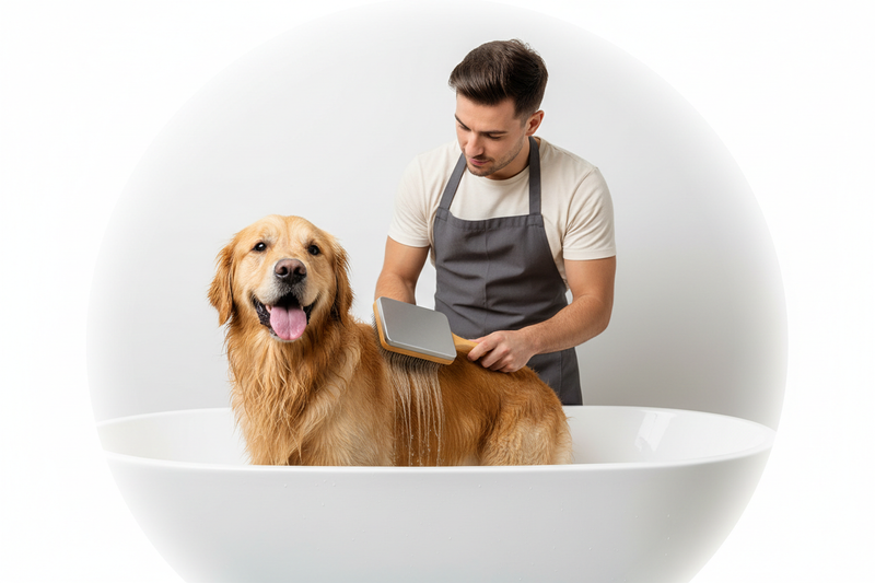 High-resolution, photorealistic product image of a dog grooming brush in use on a bath with men different style and  do Clean white background with a soft circular frame around the product and pets. Professional studio lighting, sharp focus, ultra-clear pixels, realistic fur texture. Modern, minimal grooming style, premium e-commerce look. Excellent resolution, Shopify-ready, no text or watermark.