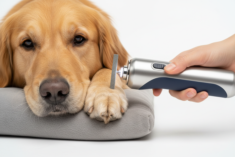 Ultra-high-resolution, photorealistic product image of a modern electric nail grinder being gently used on a different style close to dog. A human hand carefully holding a sleek, cordless nail grinder while trimming the nails safely. Both pets look comfortable and stress-free. Clean white background for e-commerce. Professional studio lighting with soft highlights and natural shadows. Extremely sharp focus, visible high-pixel detail, realistic fur texture, premium pet grooming brand photography stylle.